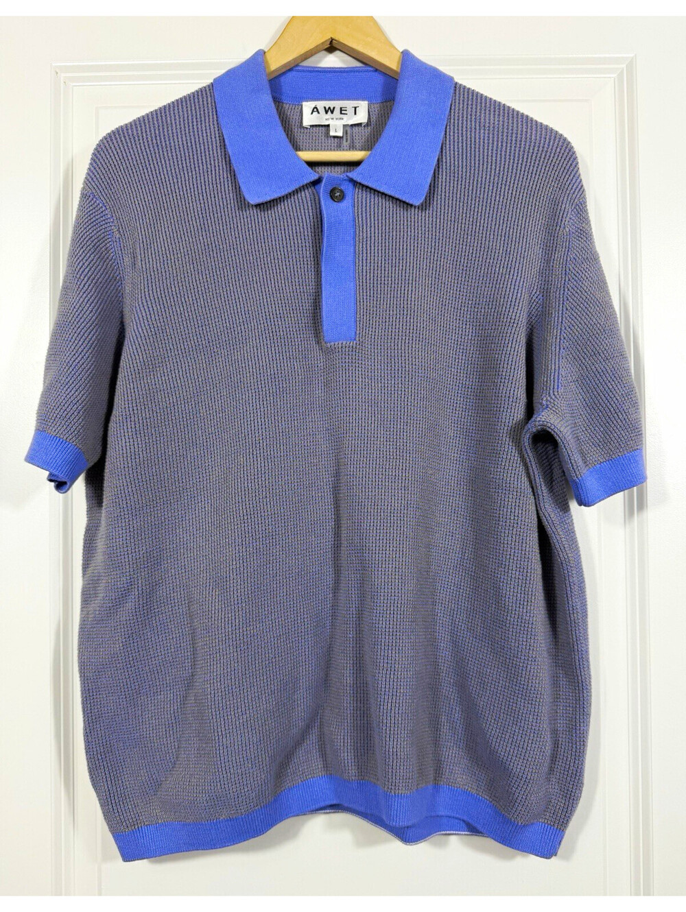 ÁWET New York Men's Knit Polo Shirt Sz L Periwinkle Blue Waffle Texture Luxury